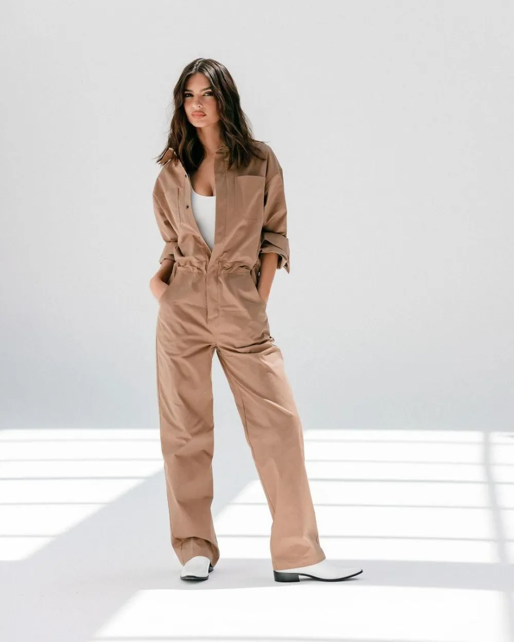 Emily Ratajkowski in the Poplin overalls