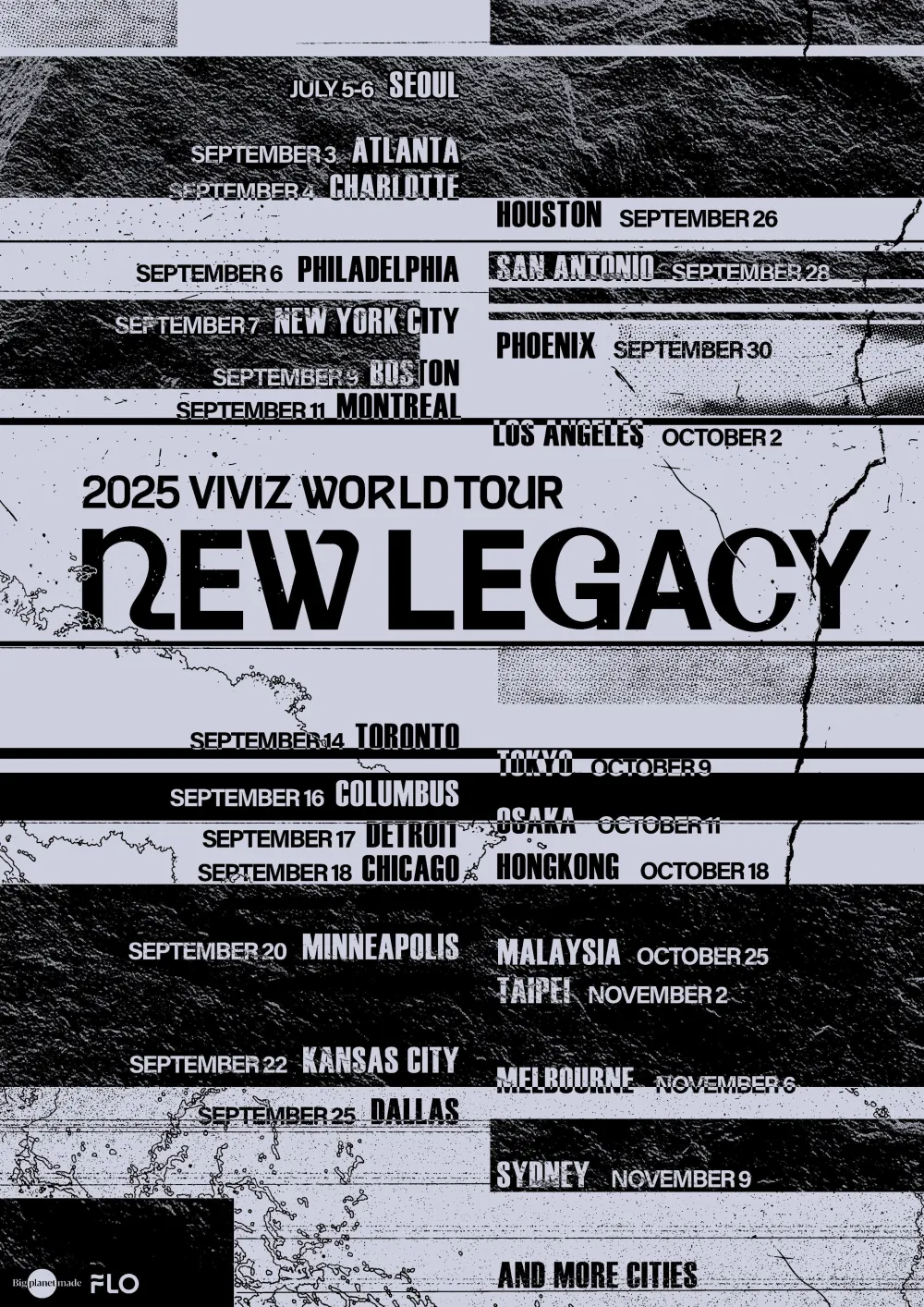 A lilac and black colored tour date listing