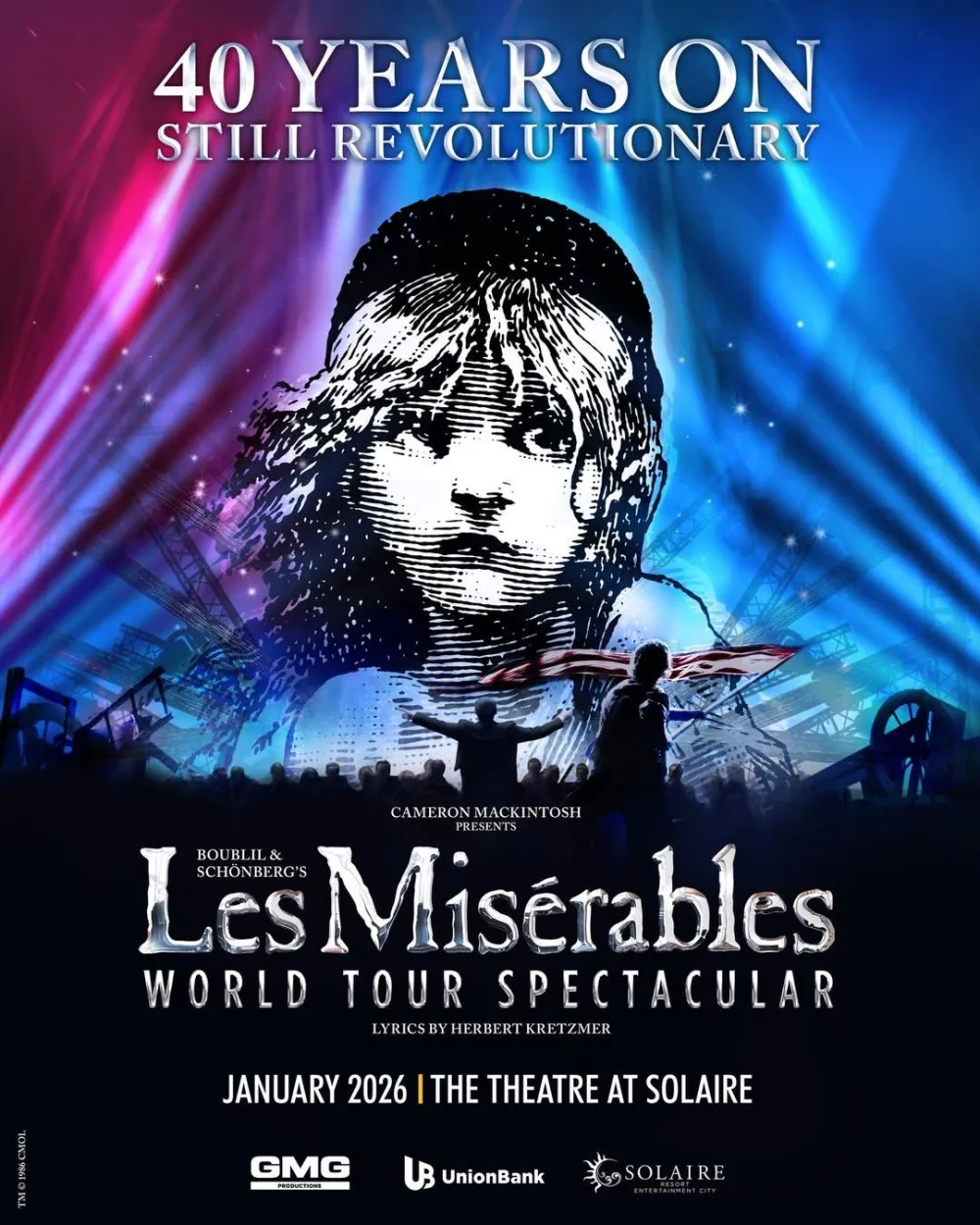 A poster with black, blue, purple, and red featuring Les Miserables.
