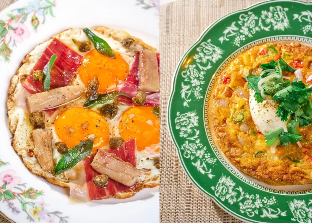 Crispy Brown Butter Eggs and Masala Omelette.