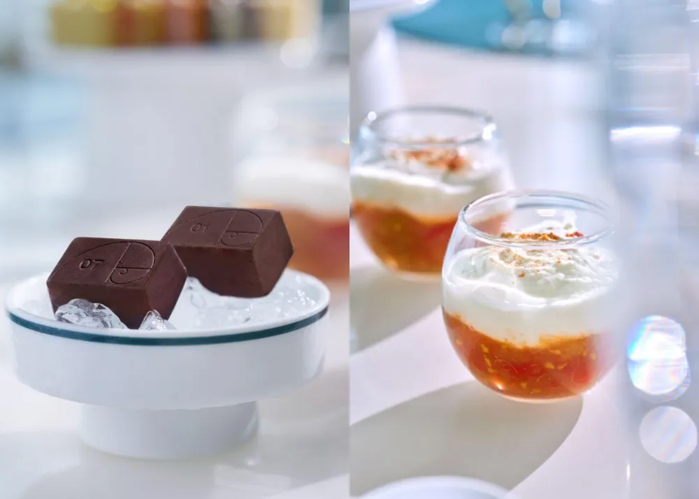 Lavoratti Frozen Gelato Bonbon and rhubarb and datterino tomato compote layered with burrata foam and tomato powder