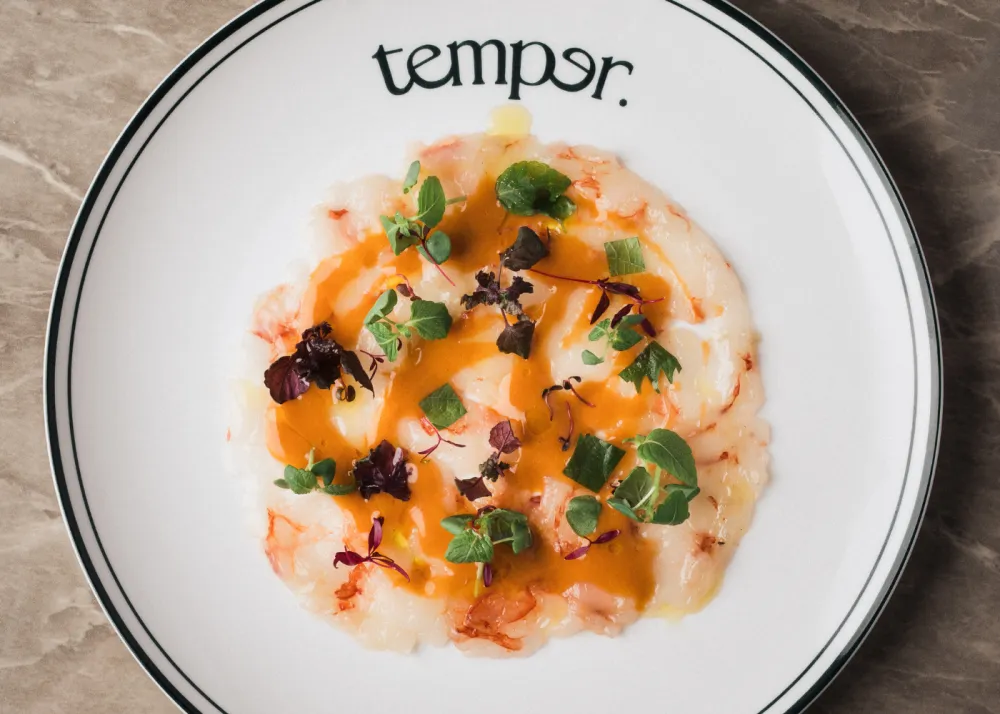 a plate with shrimp carpaccio