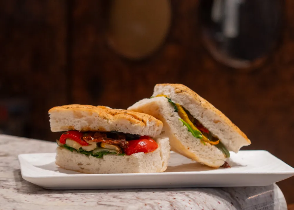 A mixed vegetable focaccia sandwich