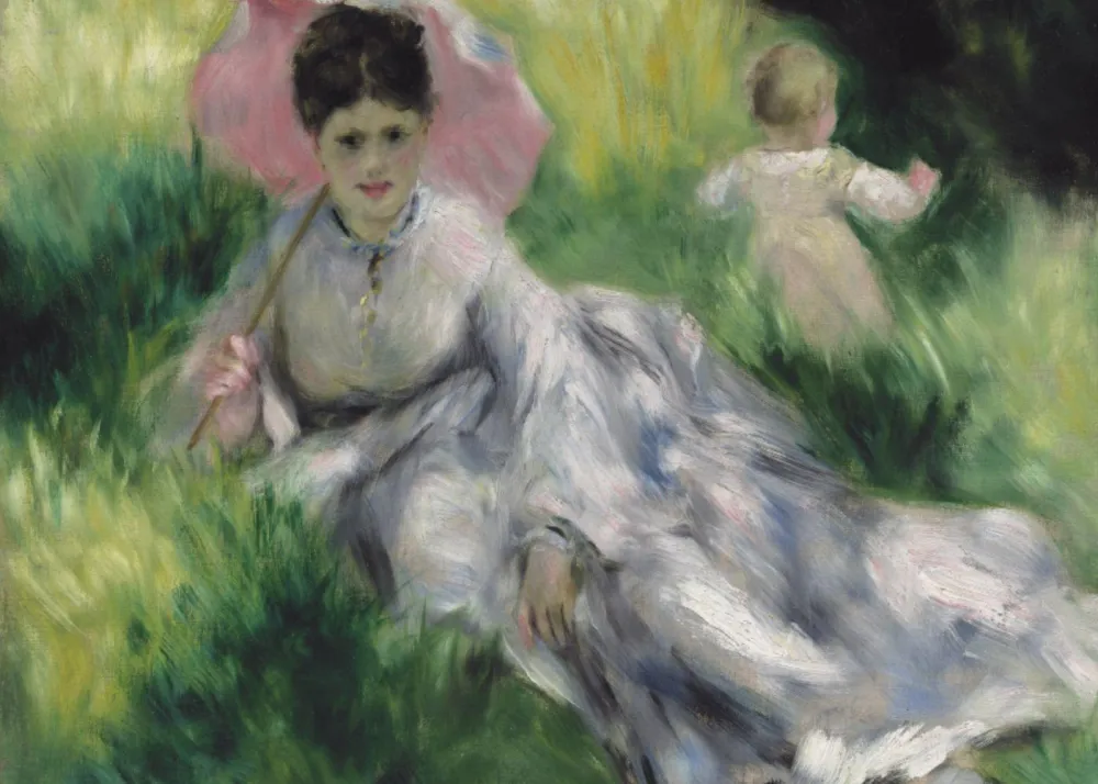 Woman with a Parasol and Small Child on a Sunlit Hillside