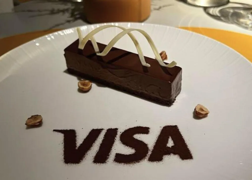 Visa-themed Chocolate Noisette at ROOF P.M. Modern Dining rooftop restaurant on the Museum of Art Pudong rooftop as photographed by The Beat Asia
