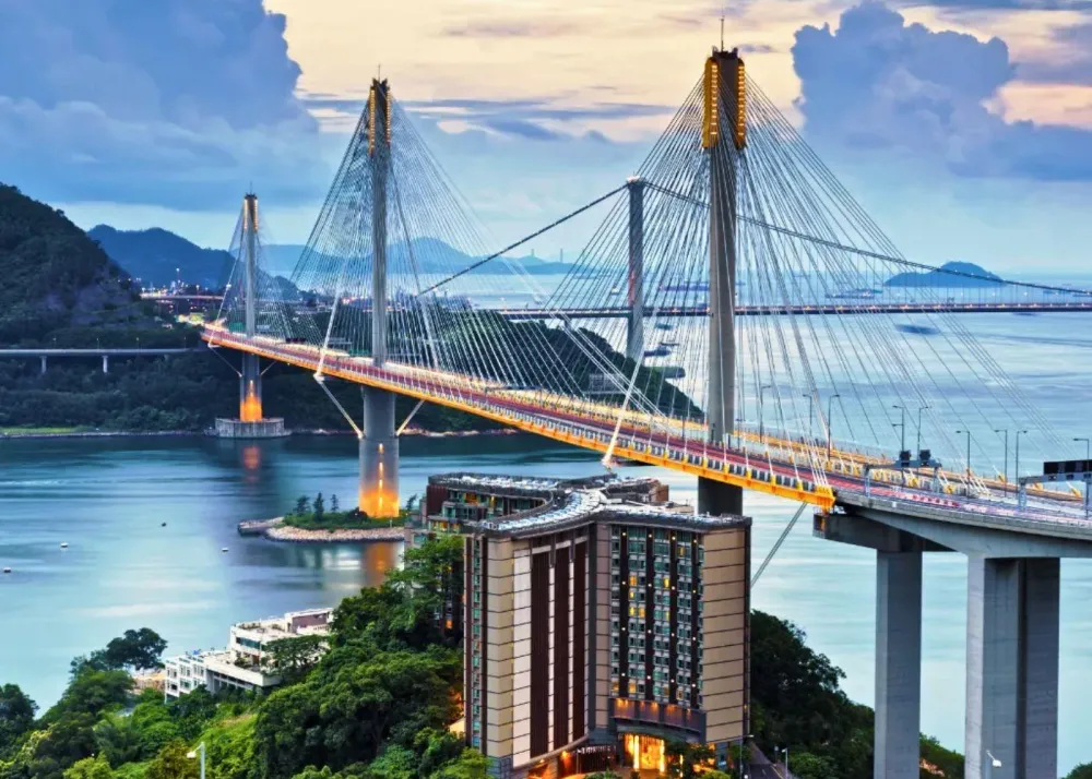 Tin Kau Beach and Tsing Ma bridge views from Royal View Hotel at sunset, best affordable wedding venues in Hong Kong