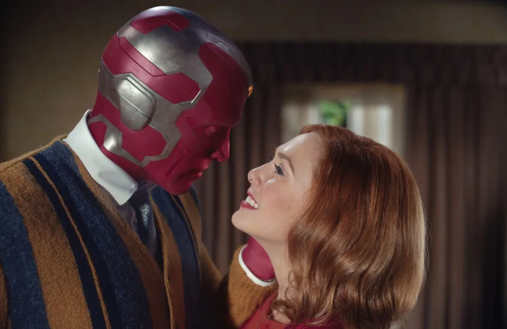 Paul Bettany as Vision and Elizabeth Olsen as Wanda Maximoff in Marvel Studios' WandaVision