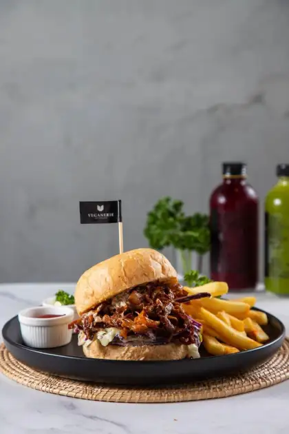 Veganerie's Vegan BBQ Pulled Pork Burger With Fries