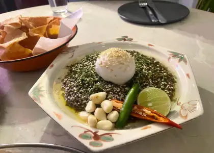 Rangoon Tea House, Burrata with Mutton and Tea Leaf