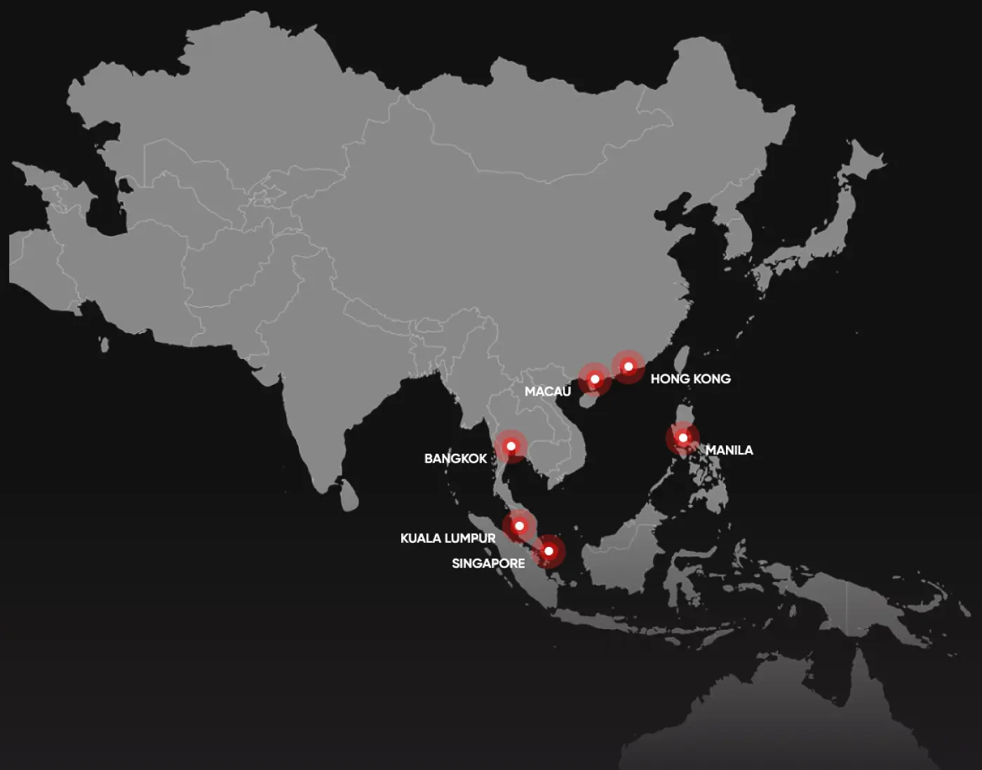 Gray map of Asia with red markers pinpointing Macau, Hong Kong, Manila, Bangkok, Kuala Lumpur, and Singapore. The background is black and the country borders are outlined in white.