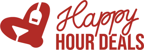 Red heart with a cocktail glass and bottle graphic on the left, and the words “Happy Hour Deals” in bold red script on the right, promoting drink specials.