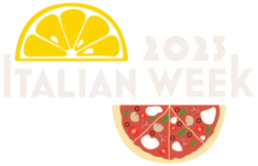 A graphic with a yellow lemon slice above faint text reading “2023 Italian Week” and a pizza slice featuring mushrooms, tomatoes, and greens below the text.