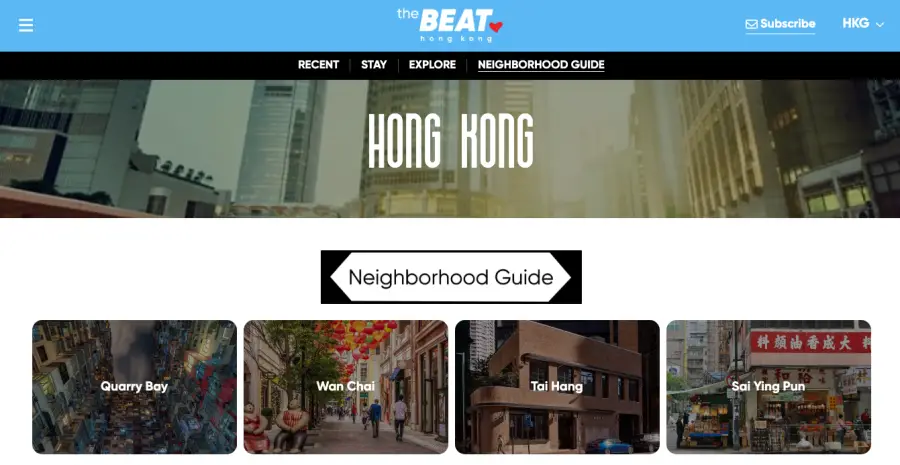 Screenshot of a website showing a Hong Kong travel guide with options for Quarry Bay, Wan Chai, Tai Hang, and Sai Ying Pun neighborhoods. There are images and navigation tabs at the top.