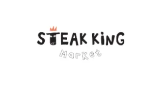Logo for “Steak King Market” with a steak illustration as the letter “T” in “STEAK,” topped with an orange crown. The text “Market” is written below in a playful, handwritten style.