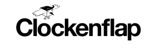 The word “Clockenflap” in bold black font with a cartoon bird, made of geometric shapes, perched on the letter “C.”.