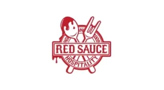 A red logo with a spoon and fork crossed, the spoon has sauce dripping. “Red Sauce” is in bold across the center, with “Hospitality” and “No 009” in a circle around the utensils.