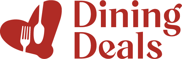 Red logo with a heart shape containing a fork, knife, and spoon, next to the words “Dining Deals” in bold red letters.
