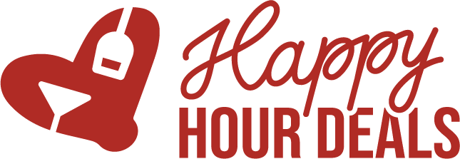 Red heart with a cocktail glass and bottle graphic on the left, and the words “Happy Hour Deals” in bold red script on the right, promoting drink specials.