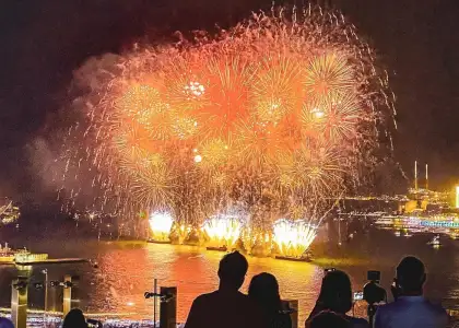 pullman hotel causeway bay rooftop views of orange fireworks above victoria harbour