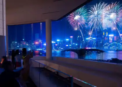 evening shot window views of fireworks at lobby lounge regent hotel hong kong