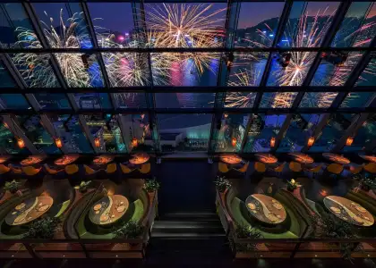 evening shot window views of fireworks from balcony of vista bar tsim sha tsui