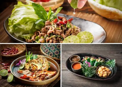 thai dishes pork larb shrimp pad thai mieng kham thiptara the peninsula bangkok