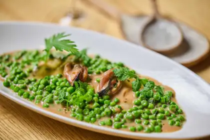 Alaska Halibut with Mussels and Green Peas
