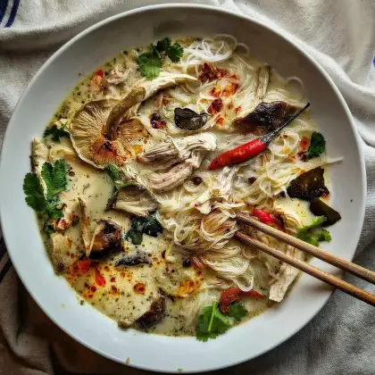 A photo of tom kha gai with rice noodles and shitake mushrooms