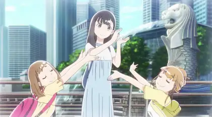 Anime girls posing at the Merlion statue