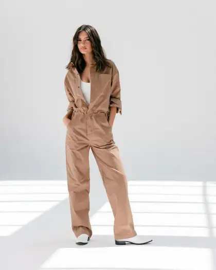 Emily Ratajkowski in the Poplin overalls