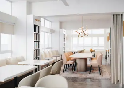 all white interior working space womens lounge