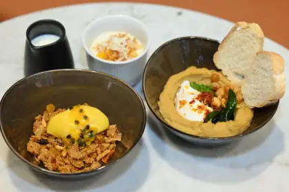 St. Ali's breakfast offerings: coconut rice pudding, homemade granola, and hummus