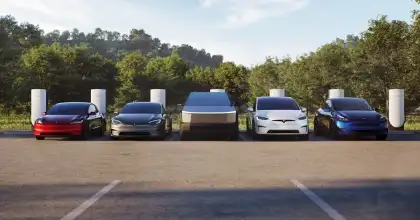 A group shot of all Tesla car models (Model 3, Model Y, Cybertruck, Model S, Model X)