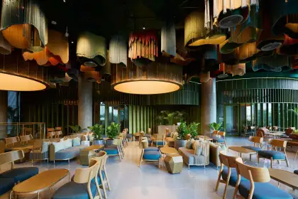 Ceiling textile piece by Ease Studio on the ground floor of Starbucks Reserve One Bangkok