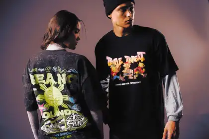 The "S.E.A. No Bounds, S.E.A. No Borders” tee in Acid Black by DBTK and the "Triple Threats" tee by PMC