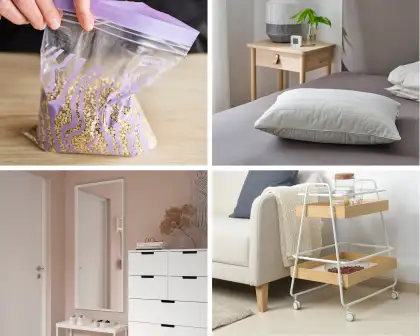 The ISTAD Resealable Bag (top left), RUMSMALVA Ergonomic Pillow (top right), NISSEDAL Mirror (bottom left), and SVENARUM Trolley Table (bottom right)