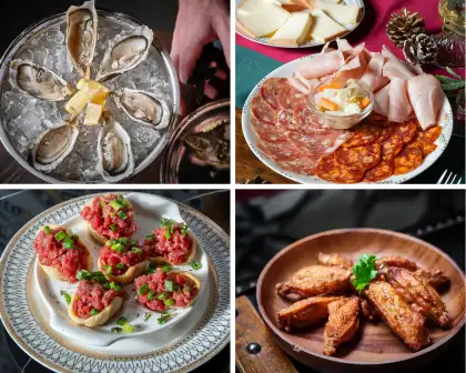 ThinkWine offers Oysters (Upper Left), Various Cold Cuts and Cheese (Upper Right), Beef Tartare on Crackers (Bottom Left), and Mama Chicken Wings (Bottom Right)