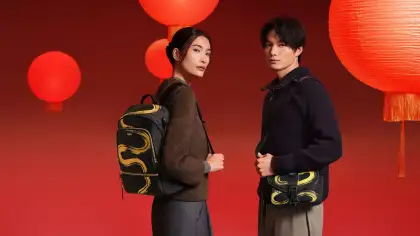 TUMI's 2025 Lunar New Year Collection featuring the Navigator Backpack (Left) and Compass Crossbody Bag (Right)