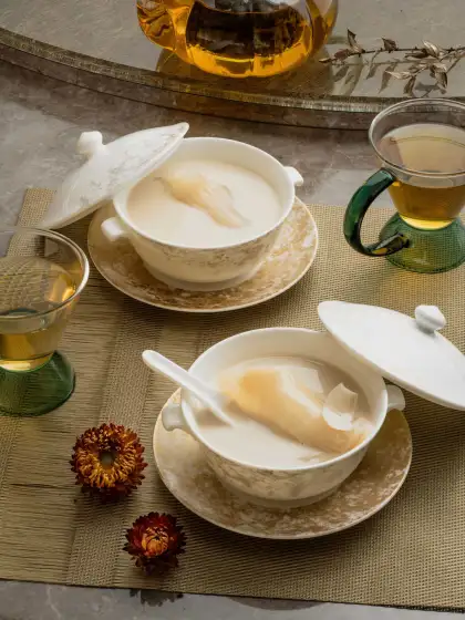 Double-boiled Fish Maw Soup with Almond Cream and 9-year Lily Bulb