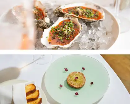 Starters for LPM's Mediterranean Love Affair, the Oysters with Homemade Smoked Tabasco and Crispy Quinoa (top) and Foie Gras Terrine (bottom)