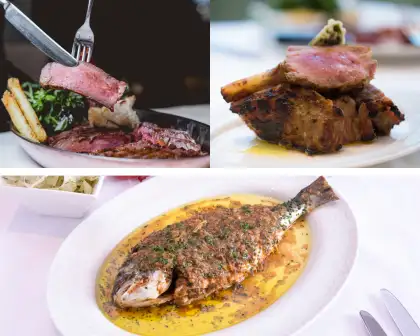 Mains for LPM's Mediterranean Love Affair dinner menu, the Grilled Rib Eye (top left), the Grilled Sagabuta Pork (top right), and the Whole Sea Bream (bottom)