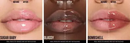 The three shades included in the Glossiest Gloss Trio: Sugar Baby (Left), Glassy (Middle), and Bombshell (Right)