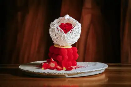 The dessert for the Valentine's Day Daikoku Tasting Menu, Raspberry and Vanilla Mousse with Chocolate Sable and Rose Ice Cream