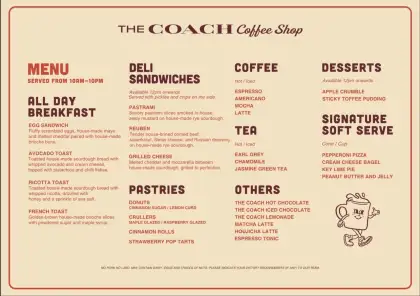 The menu of The Coach Coffee Shop Malaysia without the prices