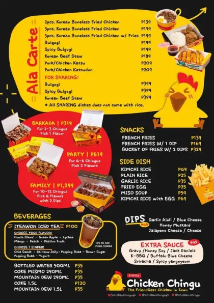 The menu listing all of Chicken Chingu's offerings