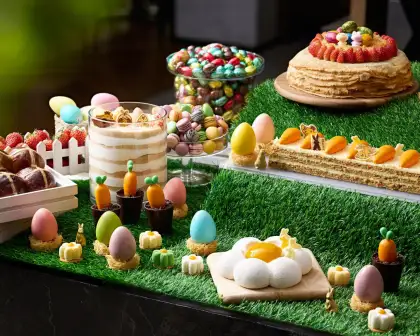 The Easter Dessert Corner with Hot Cross Buns, Carrot Cake, and more.