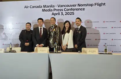 Two Filipino-Canadian Air Canada employees with Hon Lam, Rocky Lo, and Kiyo Weiss for a photo op at the Press Conference last April 3, 2025