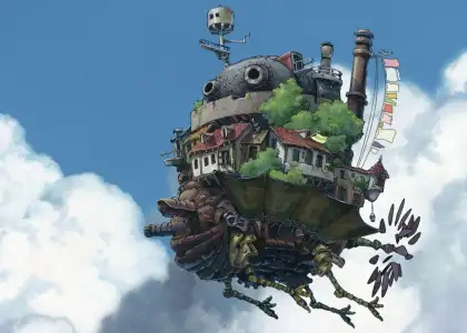 The castle in "Howl's Moving Castle" flying in the sky