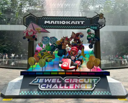 The Mario Kart characters in an installation at Jewel Changi Airport