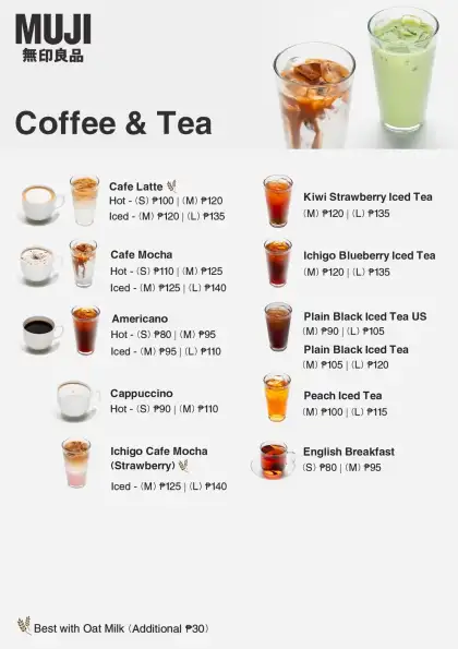 The coffee menu at MUJI's Coffee Counters